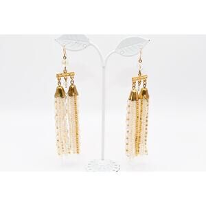 Artisan Czech Bead Tassel Earrings 4 Inch Gold Brass Vintage